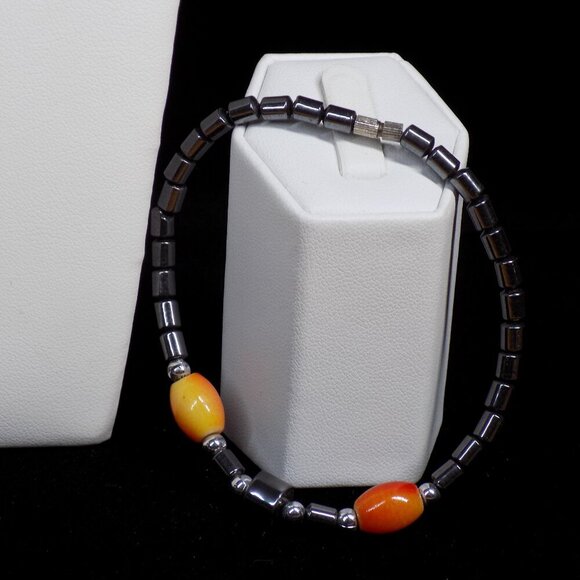 Vintage Hematite Necklace Orange Stones Barrel Clasp Matching Bracelet Set - Picture 3 of 7